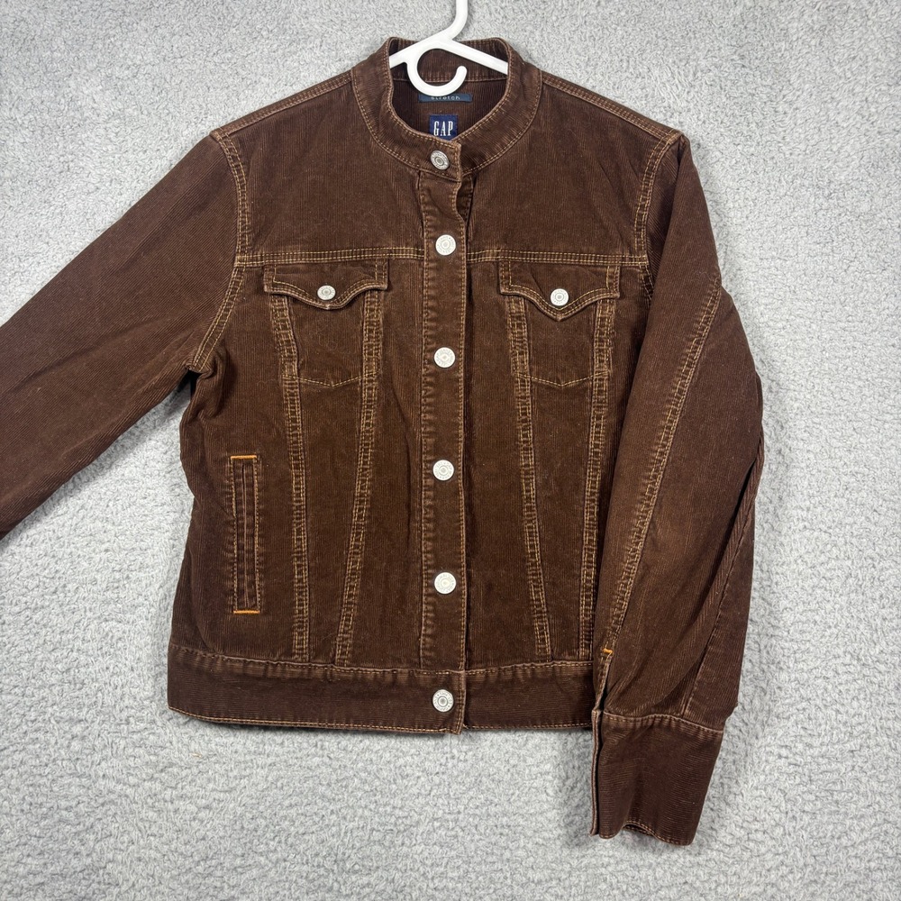 GAP Jacket Women Large Brown Corduroy Trucker Stretch Mandarin Collar Button